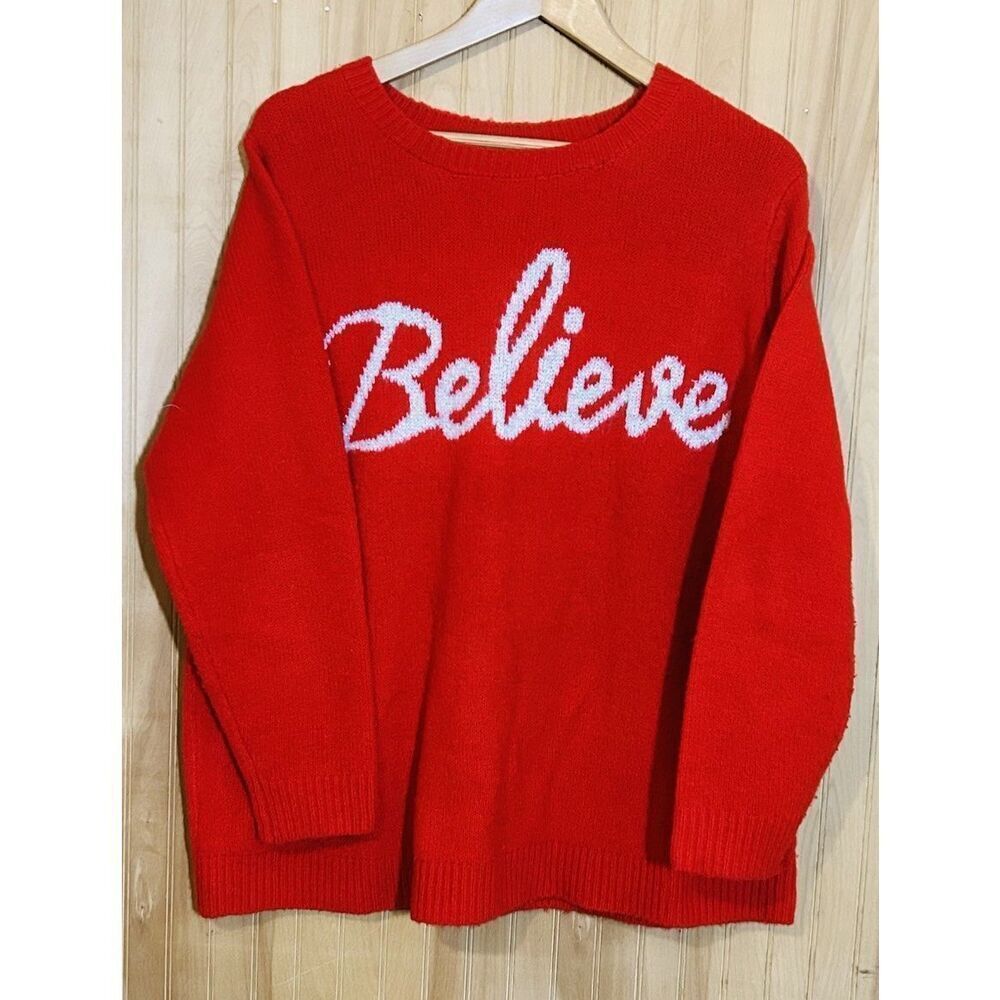 Cupcakes And Cashmere Red With White Lettering Believe Christmas Sweater 1x